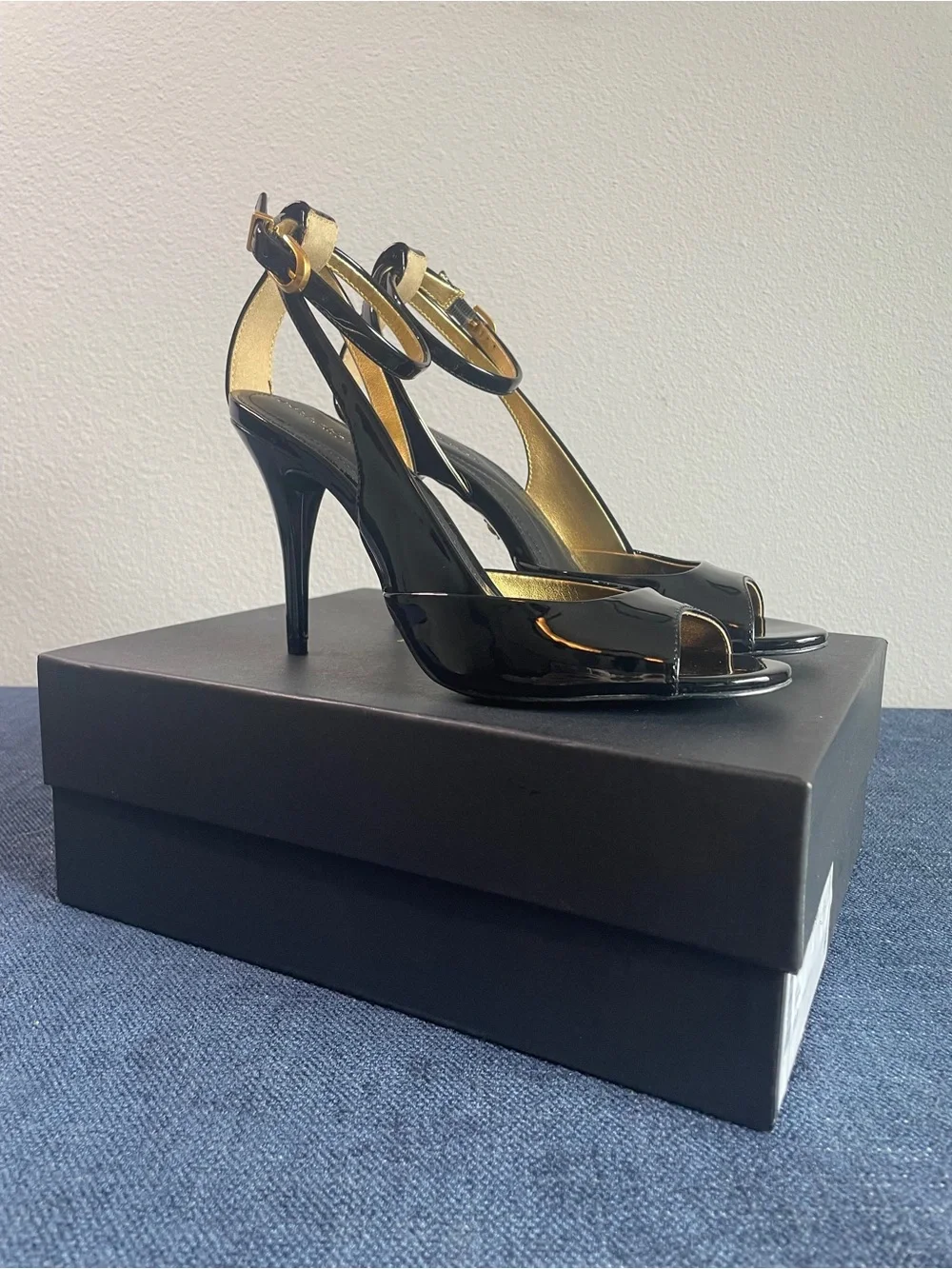 Donna Karan - Somerset - Black Patent Peep-Toe Ankle-Strap Heels with Gold Trim